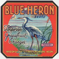 9g0962 BLUE HERON 9x9 crate label 1940s tangerines, grapefruit, oranges, great bird art!