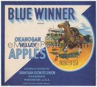 9g0964 BLUE WINNER 9x10 crate label 1940s art of jockey reaching for apple from his race horse!