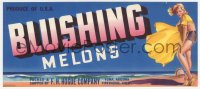 9g0965 BLUSHING MELONS 4x10 crate label 1940s art of sexy woman losing her clothes in the wind!