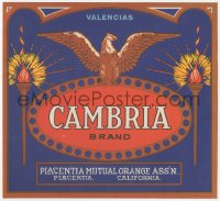 9g0971 CAMBRIA 11x11 crate label 1940s cool logo with griffon between torches, valencias!
