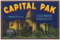 9g0972 CAPITAL PAK 8x11 crate label 1940s California Bartlett pears, cool art of Sacramento capitol!