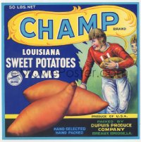 9g0973 CHAMP 9x9 crate label 1940s art of football player with Louisiana sweet potatoes yam as ball!