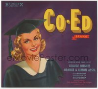 9g0974 CO-ED 10x11 crate label 1940s great art of pretty female college graduate!