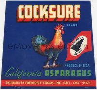 9g0975 COCKSURE 10x10 crate label 1940s California asparagus, great rooster art!