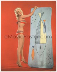 9g0169 JAYNE MANSFIELD 7x9 German commercial print 1960s full-length in sexy bikini with fish mat!