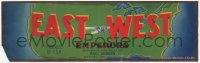 9g0979 EAST WEST 4x13 crate label 1940s great art of propellor plane flying over the United States!
