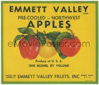 9g0981 EMMETT VALLEY 9x11 crate label 1950s pre-cooled northwest apples from Idaho!