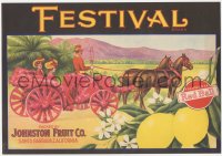 9g0983 FESTIVAL 9x13 crate label 1940s California Red Ball lemons, art of horse-drawn carriage!