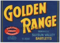 9g0988 GOLDEN RANGE 8x11 crate label 1940s Suisun Valley Bartlett pears, grown in U.S.A.!