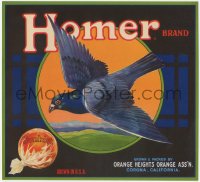 9g0990 HOMER 10x11 crate label 1940s oranges from California, great art of homing pigeon!