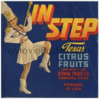 9g0992 IN STEP 9x9 crate label 1940s cirtrus fruits, great art of woman in marching band uniform!
