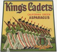 9g0993 KING'S CADETS 10x11 crate label 1940s great art of military cadets marching in formation!