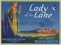 9g0994 LADY OF THE LAKE 9x11 crate label 1940s great art of beautiful medieval lady with pear!