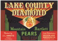 9g0995 LAKE COUNTY DIAMOND 7x10 crate label 1940s Mountain Bartlett Pears from California!