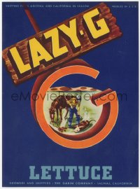 9g0997 LAZY-G 7x10 crate label 1940s great art of cowboy branding a calf within a bigger brand!