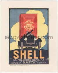 9g0514 SHELL linen Italian magazine ad 1921 cool art of car carrying huge container of gasoline!