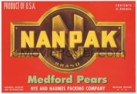 9g1001 NANPAK red 7x11 crate label 1940s Medford Pears from Oregon, product of U.S.A.!