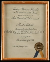 9g0077 BUD ABBOTT 9x12 framed certificate 1945 one of Motion Picture Herald's Best Stars of 1944!