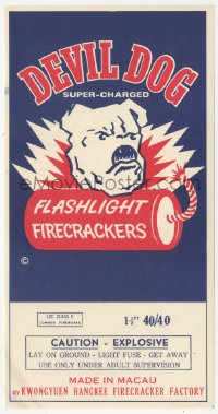 9g0942 DEVIL DOG 5x10 firecracker label 1970s cool art of bulldog & super-charged explosive!
