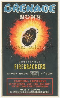 9g0944 GRENADE BOMB 6x10 firecracker label 1970s cool art of supercharged grenade exploding!