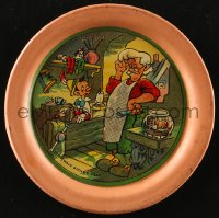 9g0056 PINOCCHIO 4x4 metal toy plate 1940 with a scene showing him with Gepetto in workshop, rare!