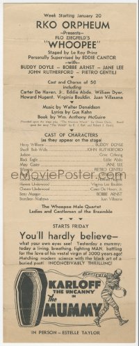 9g0106 RKO ORPHEUM local theater handbill 1932 with art of The Uncanny Boris Karloff as The Mummy!