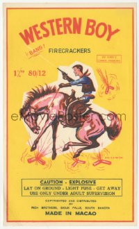9g0949 WESTERN BOY 6x10 firecracker label 1970s great art of cowboy with gun on bucking horse!