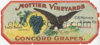 9g1013 MOTTIER VINEYARDS 6x14 crate label 1940s great art of bald eagle with Concord grapes!