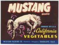 9g1014 MUSTANG BRAND horizontal 5x7 crate label 1940s California vegetables, great art of wild horse!