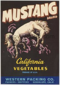 9g1015 MUSTANG BRAND vertical 7x10 crate label 1940s California vegetables, great art of wild horse!