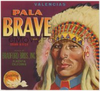 9g1022 PALA BRAVE 10x11 crate label 1940s great art of Native American Indian with Sunkist orange!