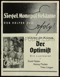 9g0831 DER OPTIMIST German pressbook 1938 Emo comedy starring Vicotr de Kowa & Gusti Huber, rare!