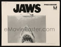 9g0883 JAWS pressbook 1975 art of Steven Spielberg's classic man-eating shark attacking sexy swimmer!