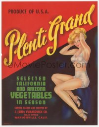 9g1027 PLENTI GRAND 7x9 crate label 1940s pin-up art of sexy blonde woman in her underwear!
