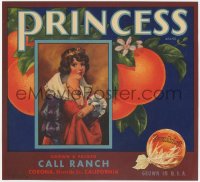 9g1028 PRINCESS 10x11 crate label 1939 art of pretty royal lady with California Sunkist oranges!