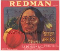 9g1031 REDMAN 9x10 crate label 1940s great art of Native American Indian with apples!