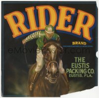 9g1032 RIDER 9x9 crate label 1940s great art of jockey riding his horse in a race!