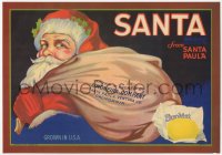 9g1034 SANTA 9x13 crate label 1928 great art of Santa Claus from Santa Paula carrying bag, Sunkist!