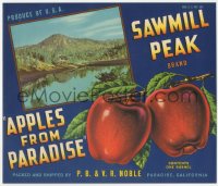 9g1035 SAWMILL PEAK 9x11 crate label 1940s great artwork of Apples From Paradise!