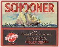 9g1036 SCHOONER 9x11 crate label 1940s Santa Barbara County Lemons, cool art of ship at sea!