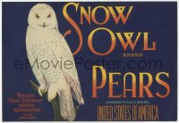 9g1041 SNOW OWL 7x11 crate label 1940s Washington pears, wonderful art of the majestic bird!