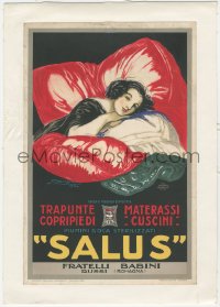 9g0499 SALUS linen 7x11 Italian advertising poster 1924 Achille Mauzan art of woman laying on mound of pillows!