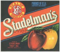 9g1043 STADELMAN'S 9x10 crate label 1950s one bushel of apples from Hood River, Oregon, cool art!