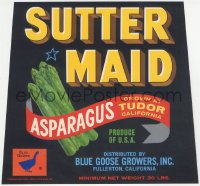 9g1046 SUTTER MAID 9x10 crate label 1950s art of asparagus grown at Tudor, California!