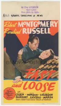 9g0013 FAST & LOOSE mini WC 1939 romantic c/u of Robert Montgomery & Rosalind Russell, ultra rare!