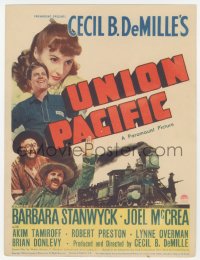 9g0033 UNION PACIFIC mini WC 1939 Cecil B. DeMille, Barbara Stanwyck, Joel McCrea & cool train art!