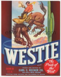 9g1050 WESTIE 7x9 crate label 1940s The Pride of the West, great art of cowboy on bucking horse!