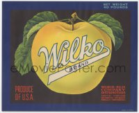 9g1052 WILKO black 9x11 crate label 1940s great art of fresh yellow apple, produce of U.S.A.!