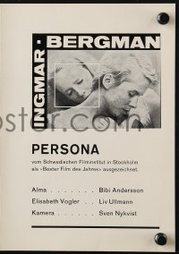9g0221 PERSONA Swiss trade ad 1966 Ingmar Bergman classic, Bibi Andersson, Liv Ullmann, Nykvist