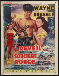 9h0623 WAKE OF THE RED WITCH Belgian R1950s barechested John Wayne & Gail Russell at ship's helm!